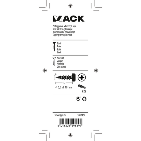 Mack 1017457 - zelftappende schroef cyl kop verz. 10st 5,5 x 19 mm | 10 stuks