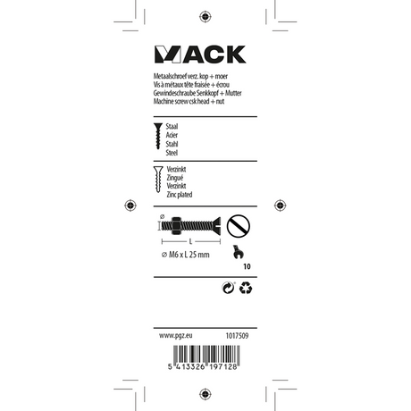 Mack 1017509 - metaalschroef verz. kop + moer verz. 9 st m6 x 25 mm | 10 stuks