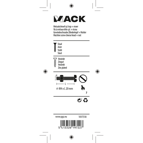 Mack 1017518 - metaalschroef cyl. kop + moer verz. 18 st m4 x 20 mm | 10 stuks