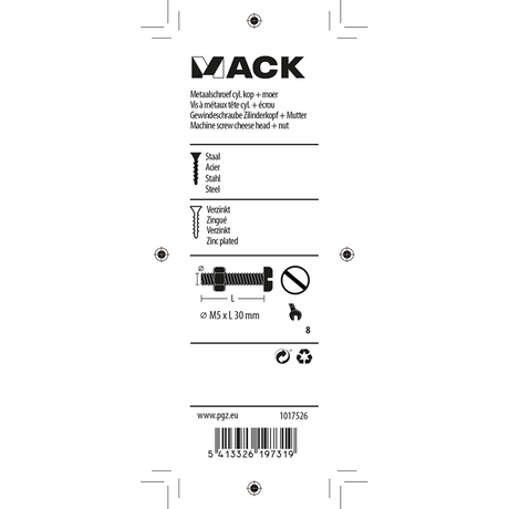 Mack 1017526 - metaalschroef cyl. kop + moer verz. 13 st m5 x 30 mm | 10 stuks