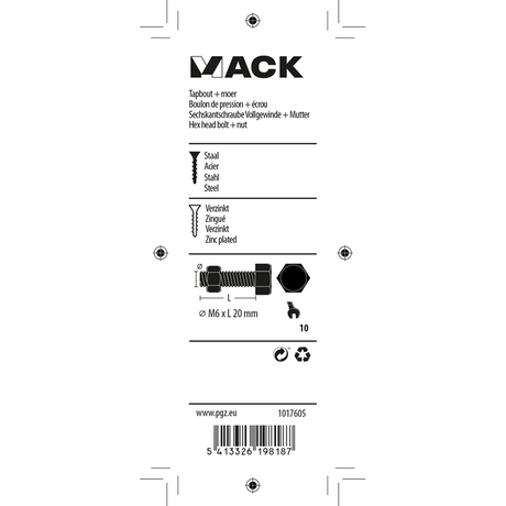 Mack 1017605 - tapbout + moer staal verzinkt 14 st m6 x 20 mm | 10 stuks
