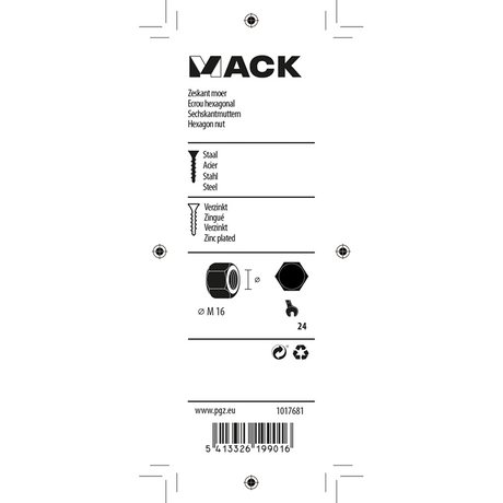 Mack 1017681 - zeskant moer staal verzinkt 3 st m 16 | 10 stuks