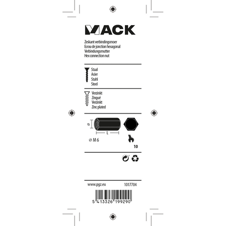 Mack 1017704 - zeskant verbindingsmoer verzinkt 3 st m6 | 10 stuks