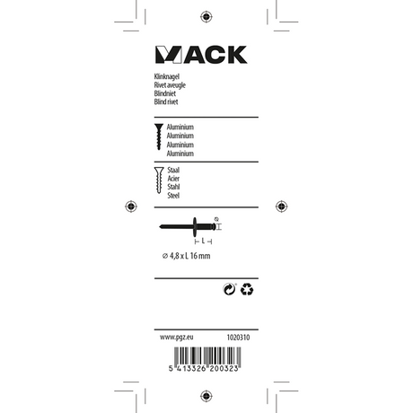 Mack 1020310 - 10 blindnieten alu brede kop 4,8x16mm | 5 stuks