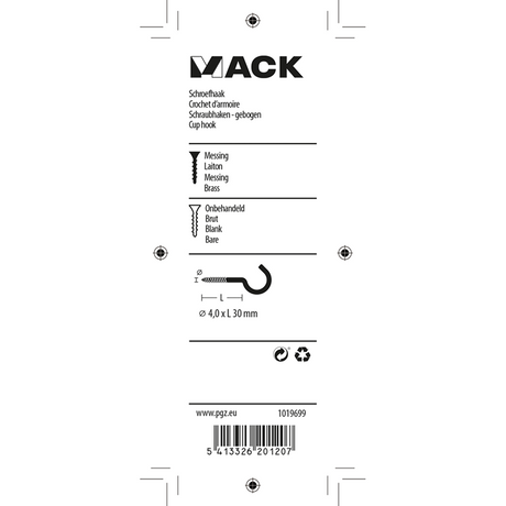 Mack 1019699 - schroefhaak messing 2 st 4,0 x 30mm | 10 stuks
