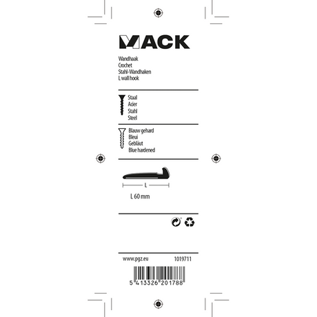 Mack 1019711 - wandhaak staal blauw gehard 5 st 60 mm | 10 stuks