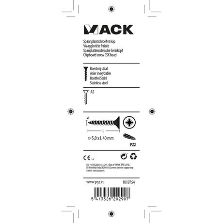 Mack 1019754 - spaanplaatschroef vz kop rvs 9 st 5,0 x 40 mm | 10 stuks