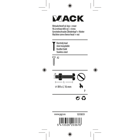 Mack 1019819 - metaalschroef cyl. kop + moer rvs 12 st m4x16 | 10 stuks