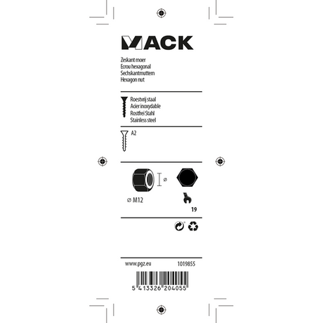 Mack 1019855 - zeskantmoer inox a2 2 st m12 | 10 stuks