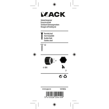 Mack 1019856 - zeskant borgmoer inox a2 6 st m 4 | 10 stuks