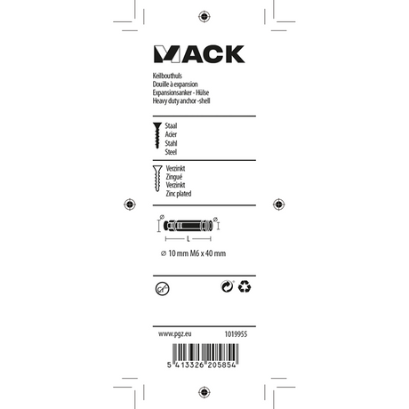 Mack 1019955 - keilbouthuls verzinkt 4 st m6 x 40 mm | 10 stuks