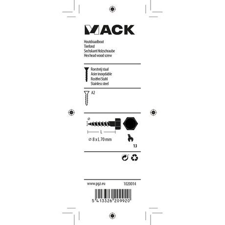 Mack 1020014 - houtdraadbout roestvrijstaal 6 st 8 x 70 mm | 5 stuks