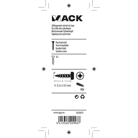 Mack 1020015 - zelftappende schroef cyl.kop a2 70 st 3,5 x 9,5 mm | 5 stuks