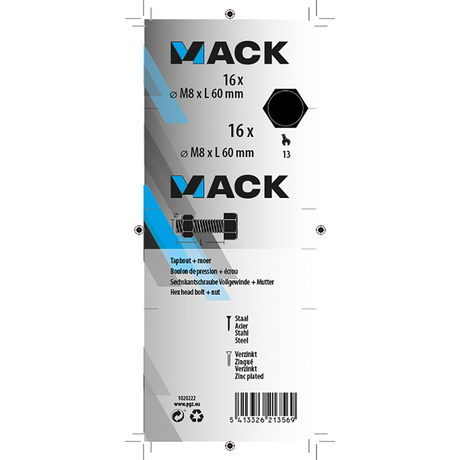 Mack 1020222 - tapbout + moer verzinkt 16 st m8 x 60 mm | 5 stuks