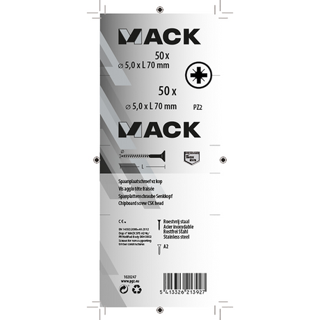 Mack 1020247 - spaanplaatschroef vz kop inox a2 50 st 5,0 x 70 mm | 2 stuks