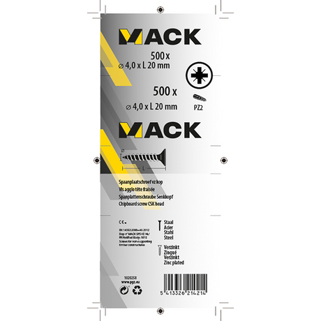 Mack 1020258 - spaanplaatschroef vz kop gvz 500 st 4,0 x 20 mm | 5 stuks