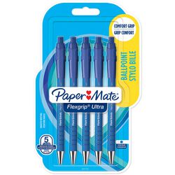 Stylos à bille Paper Mate Flexgrip Ultra avec bouton poussoir | pointe moyenne (1,0 mm) | encre bleue | 5 pièces