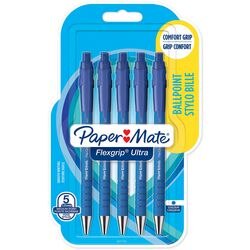 Stylos à bille Paper Mate Flexgrip Ultra avec bouton poussoir | pointe moyenne (1,0 mm) | encre bleue | 5 pièces