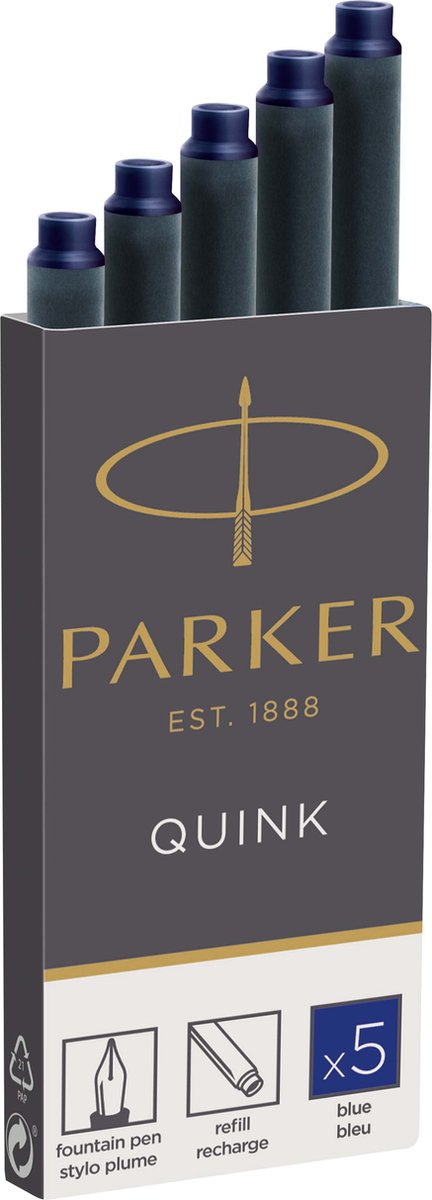 Cartouches d'encre longues pour stylo plume Parker - encre Quink bleue - 5 pièces