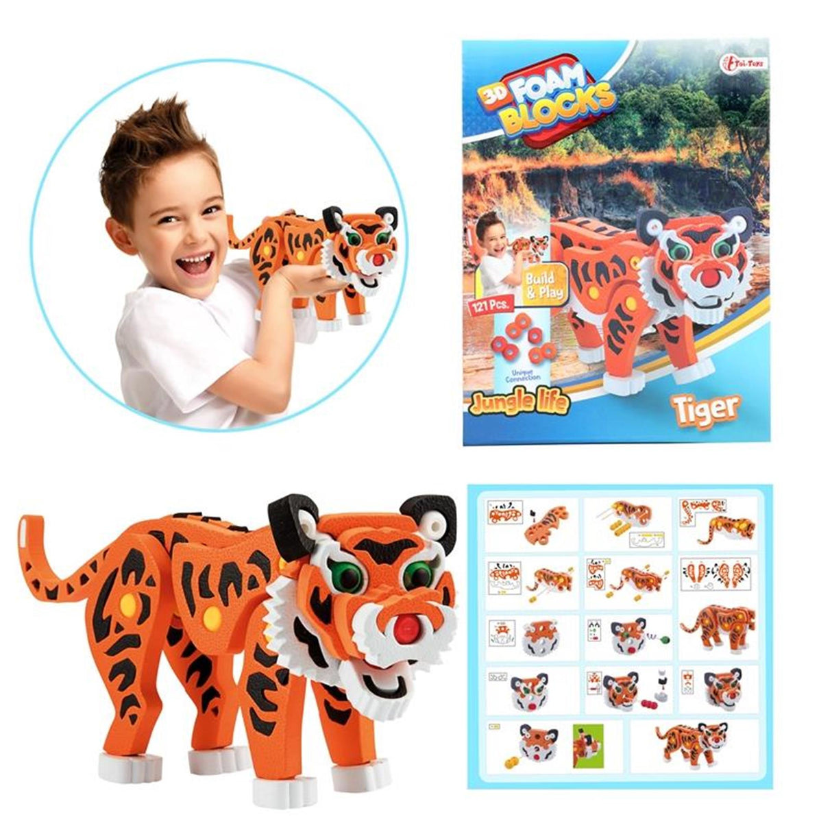 Toi-toys puzzle 3D tigre junior 31,5 cm mousse orange 121 pièces