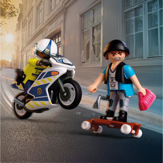 Playmobil city action police poursuite en moto | policier poursuit un voleur sur un longboard | stimule la créativité | jouets pour enfants à partir de 4 ans | 72079