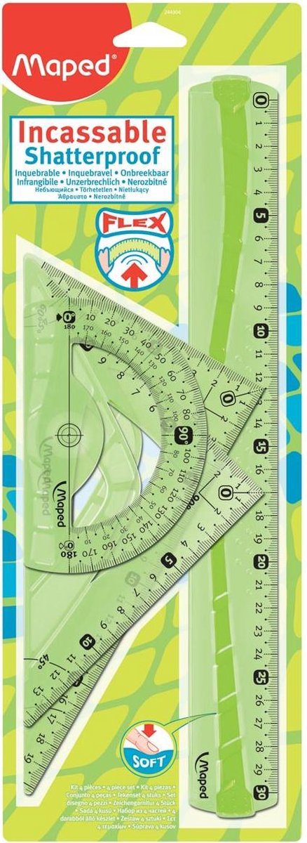 Kit flexible de bureau Maped comprenant 1 règle de 30 cm et 2 rapporteurs triangulaires de 21 cm