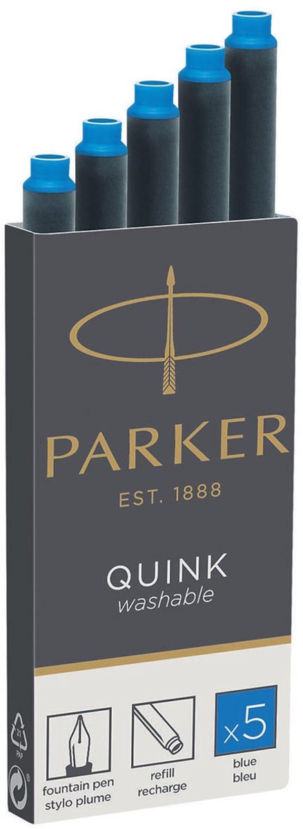 Cartouches d'encre longues pour stylo plume Parker - encre bleue - lavables - 5 pièces
