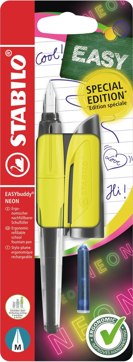Stabilo easybuddy neon - stylo plume ergonomique - jaune - plume standard m pour droitiers