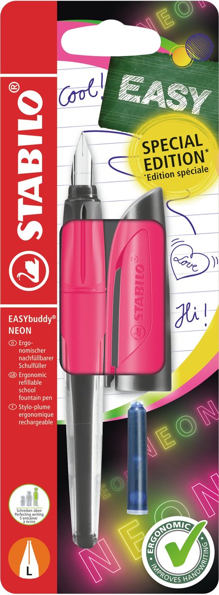 Stabilo easybuddy neon - stylo plume ergonomique - rose - plume L pour gauchers