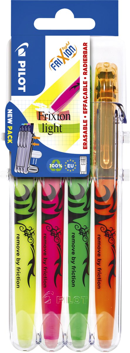 Pilot frixion - surligneurs - vert, orange, rose, jaune - paquet de 4.