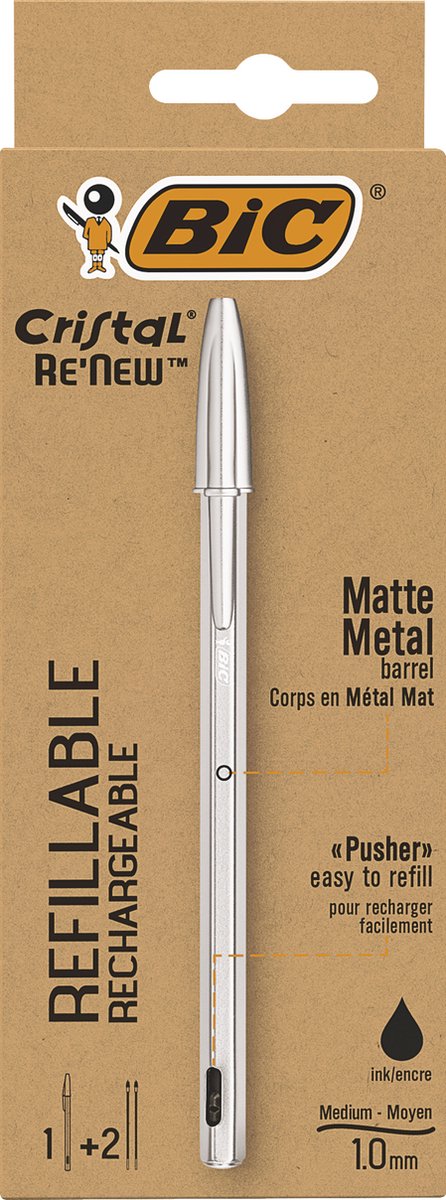 Stylo bille Bic cristal re-new moyen argent + 2 recharges noires