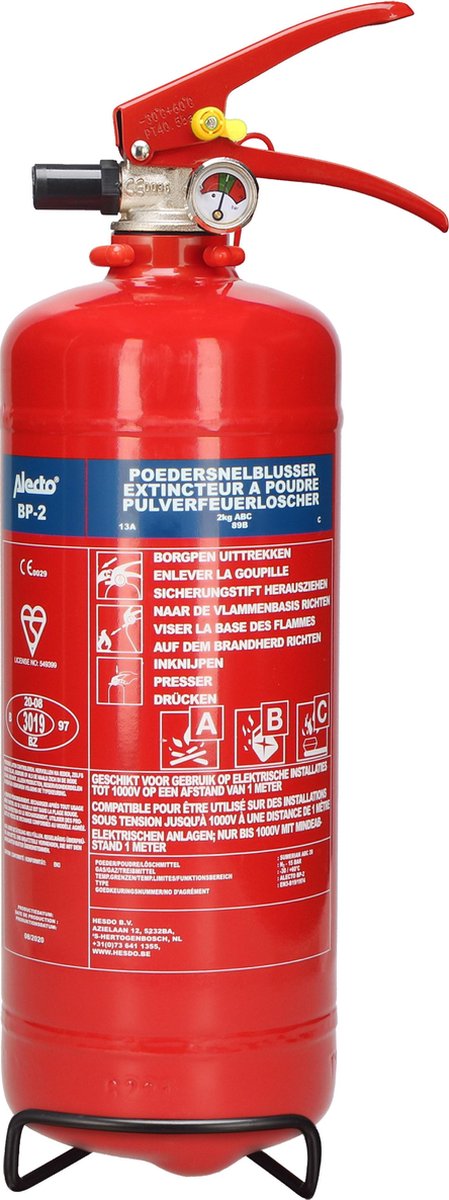 Extincteur Alecto bp2 - extincteur à poudre 2 kilogrammes - classe de feu ABC - avec support de suspension
