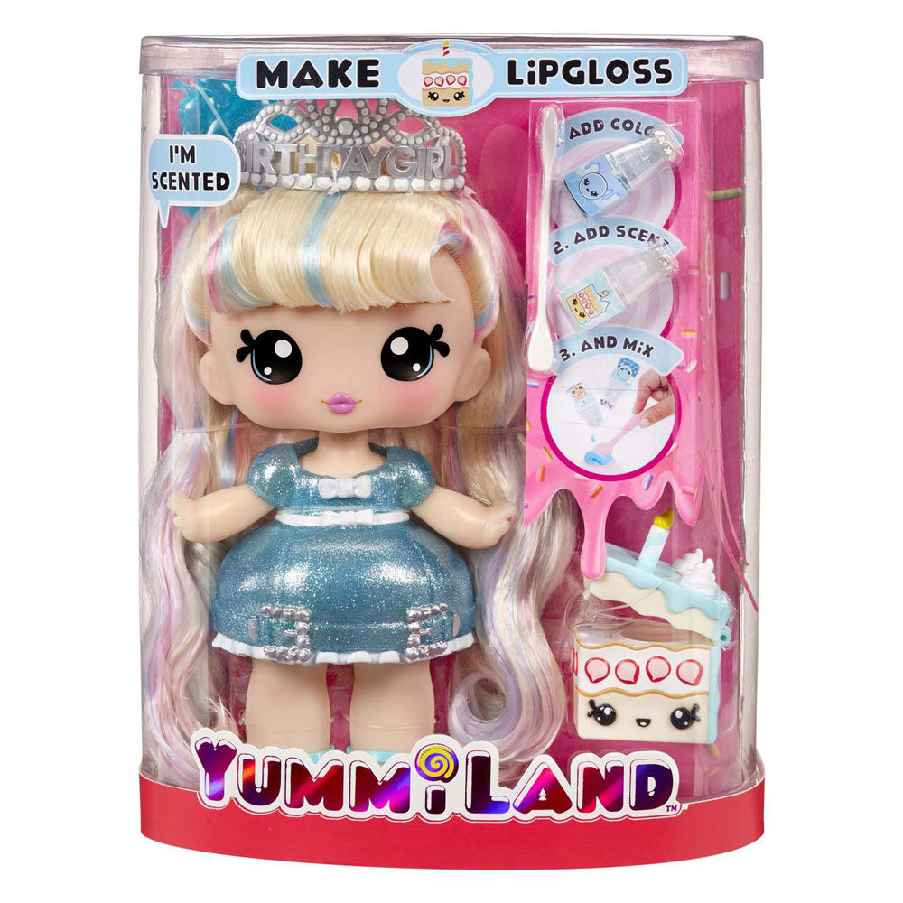 MGA Entertainment Yummiland LipGloss Pop avec animal de compagnie - Callie Gâteau d'anniversaire