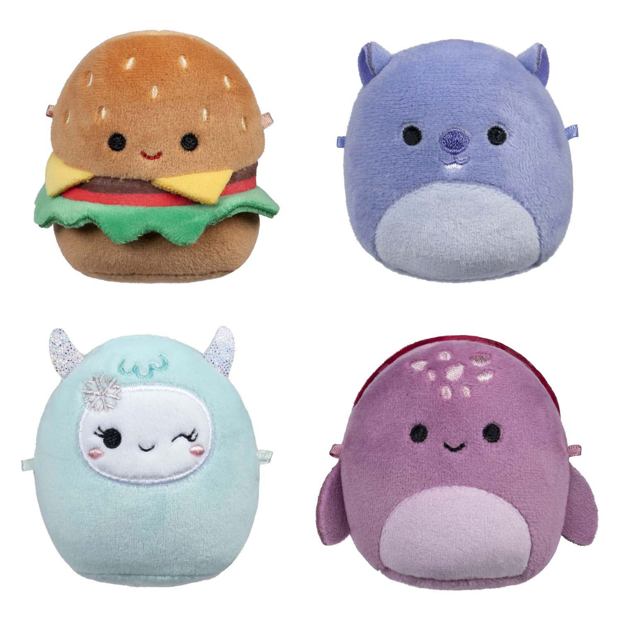 Squishmallows micromauves en peluche câline - Carl, Yollie, Javari, Tudor, paquet de 4