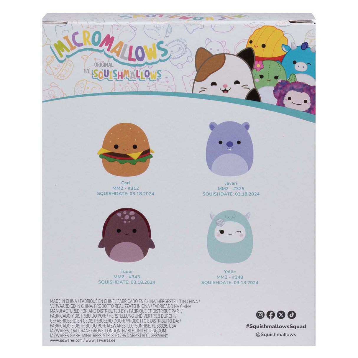 Squishmallows micromauves en peluche câline - Carl, Yollie, Javari, Tudor, paquet de 4