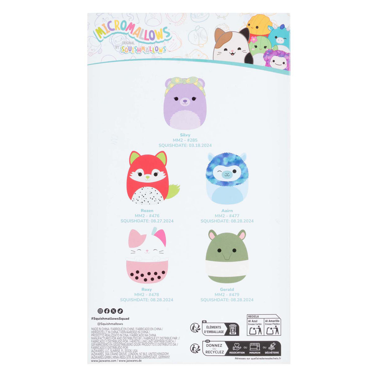 Peluche peluche Jazwares squishmallows - micromallows silvy, roses, aarin, roxy, gerald - 5 pcs.