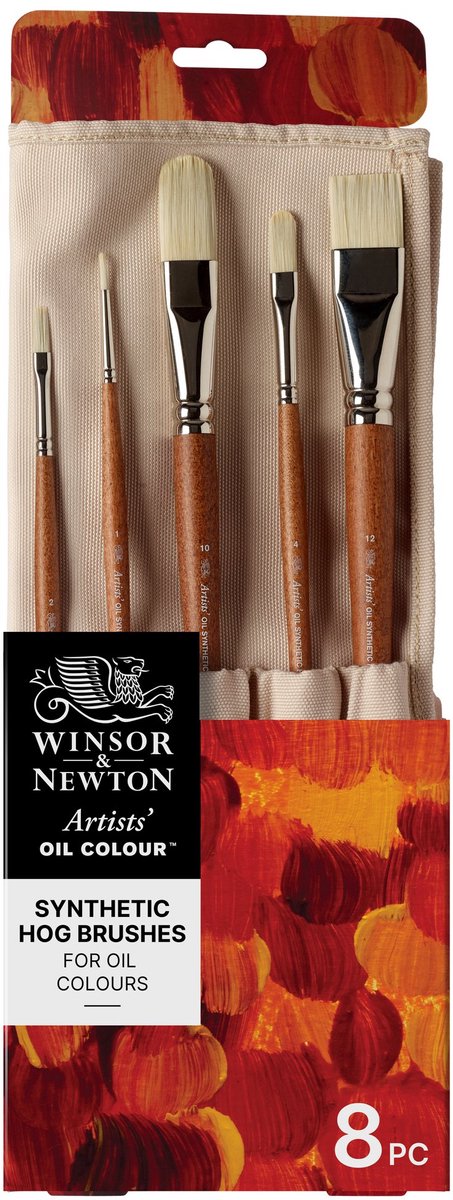 Winsor Newton 5010902 Artists Oil Synthetic Hog Brush Roll – 8 pinceaux à huile synthétique de haute qualité pour artistes professionnels (long plat, plat brillant, rond, filbert, vernis)
