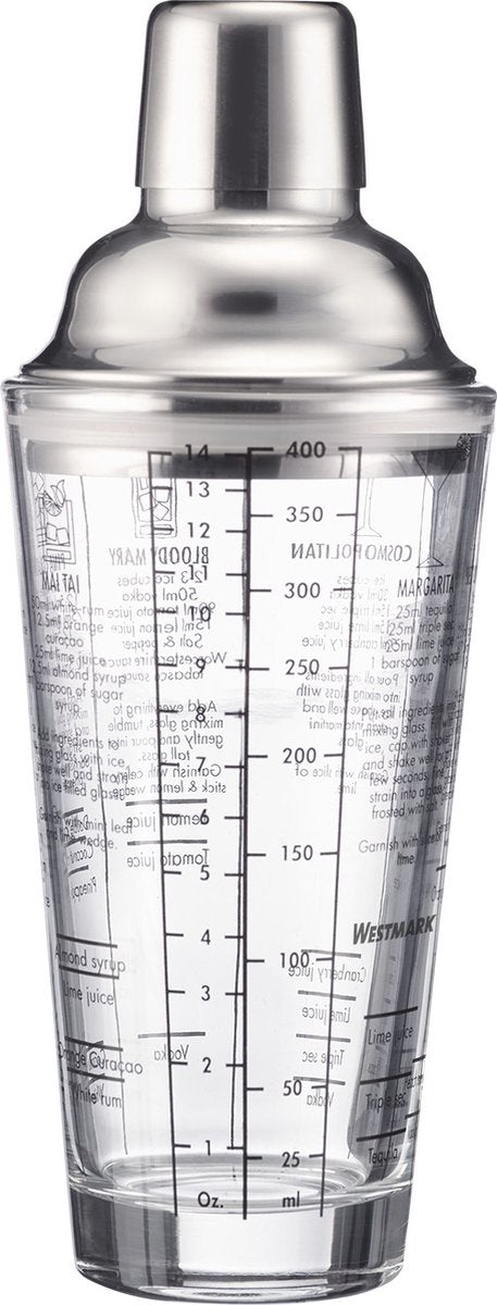 Westmark shaker à cocktail sam - shaker avec balance et tamis, mélangeur à cocktail professionnel, accessoires de bar, y compris recettes - acier inoxydable, verre, 400 ml