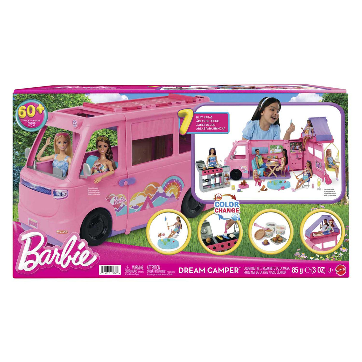 Barbie dream camper - coffret de jeu avec tente de toit, barbecue et plus de 60 accessoires