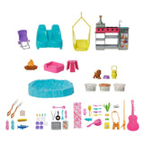 Barbie dream camper - coffret de jeu avec tente de toit, barbecue et plus de 60 accessoires