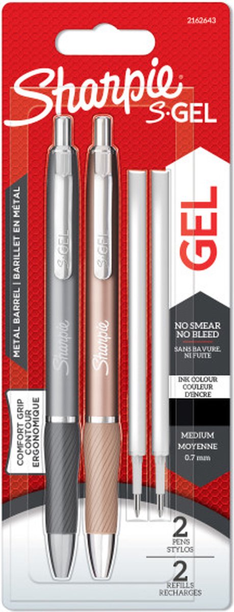 Gel Sharpie | stylos gel en métal | pointe moyenne (0,7 mm) | gris acier et or rouge | encre noire | 2 stylos et 2 recharges de stylo gel