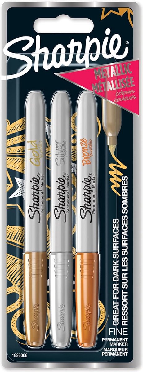 Marqueurs permanents métalliques Sharpie | point fin | encre d'or, d'argent et de bronze | 3 pièces