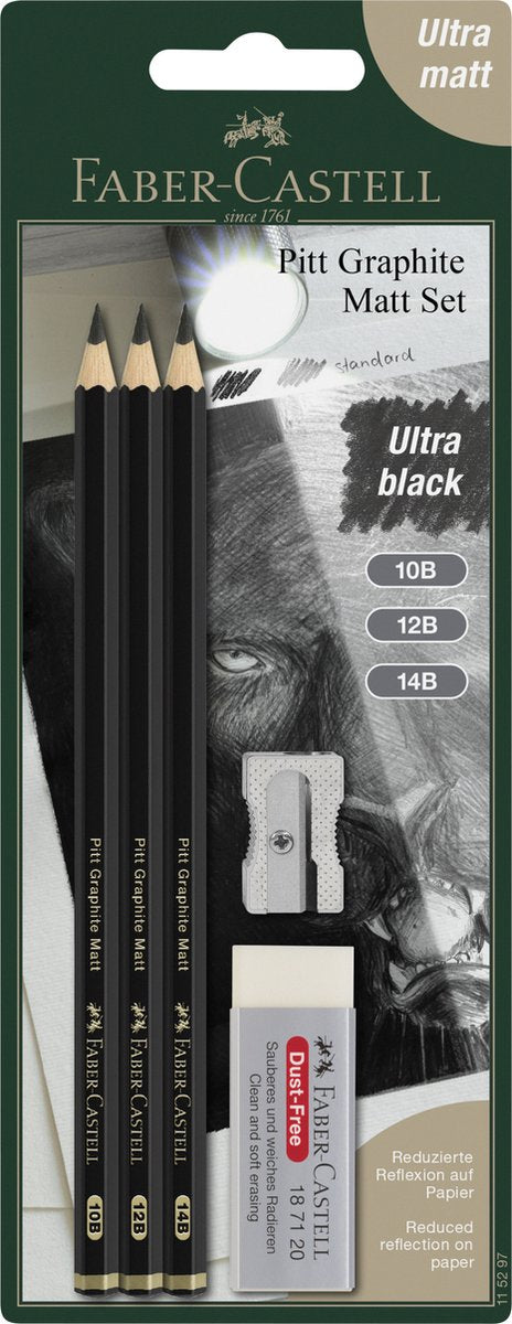 Faber-Castell ensemble de crayons graphite - pitt mat - ensemble de 3 crayons 10b-12b-14b et accessoires - fc-115297