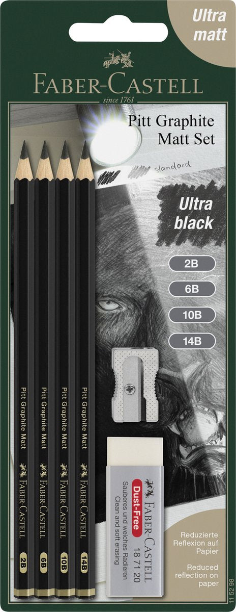 Ensemble de crayons graphite Faber-castell - pitt mat - 4 pièces 2b-6b-10b-14b avec accessoires - fc-115298