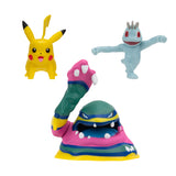 Boti pokémon batte figuur set - machop, pikachu, alolan muk, 3st.