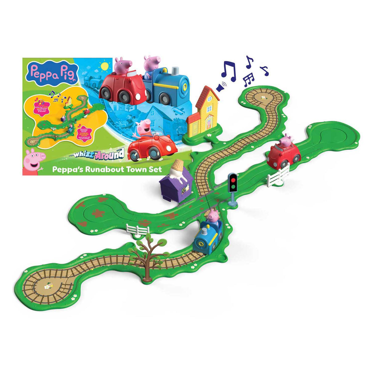 Gear2play Peppa Pig Whiz Around - Ensemble de jeu Peppa's Ring Road à travers la ville - Piste modulaire pour les véhicules Wizz Around - Interactif avec musique et son