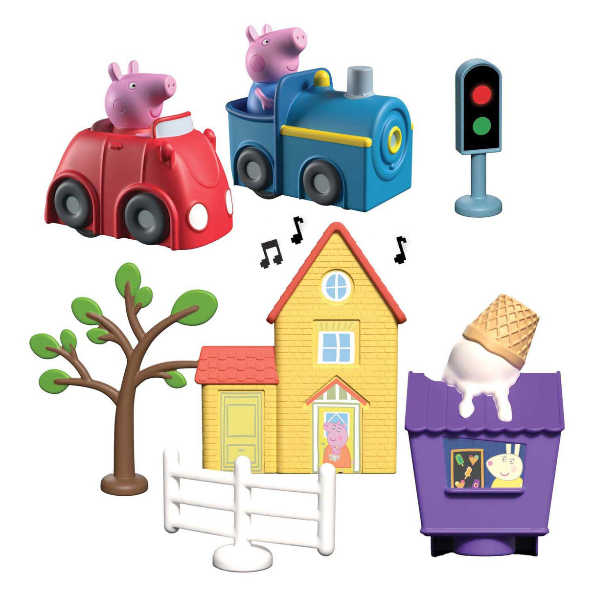 Gear2play Peppa Pig Whiz Around - Ensemble de jeu Peppa's Ring Road à travers la ville - Piste modulaire pour les véhicules Wizz Around - Interactif avec musique et son