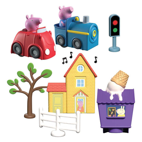 Gear2play Peppa Pig Whiz Around - Ensemble de jeu Peppa's Ring Road à travers la ville - Piste modulaire pour les véhicules Wizz Around - Interactif avec musique et son