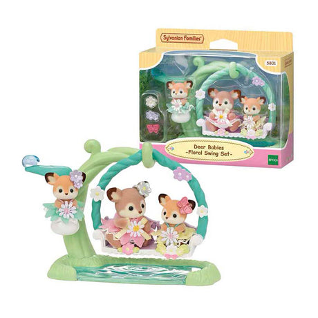 Sylvanian family 5801 bébé cerf - balançoire fleurie - 3 figurines de jeu douces et veloutées