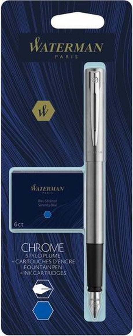 Stylo plume Waterman Allure | chromé | plume fine | comprenant 6 cartouches d'encre bleue courtes